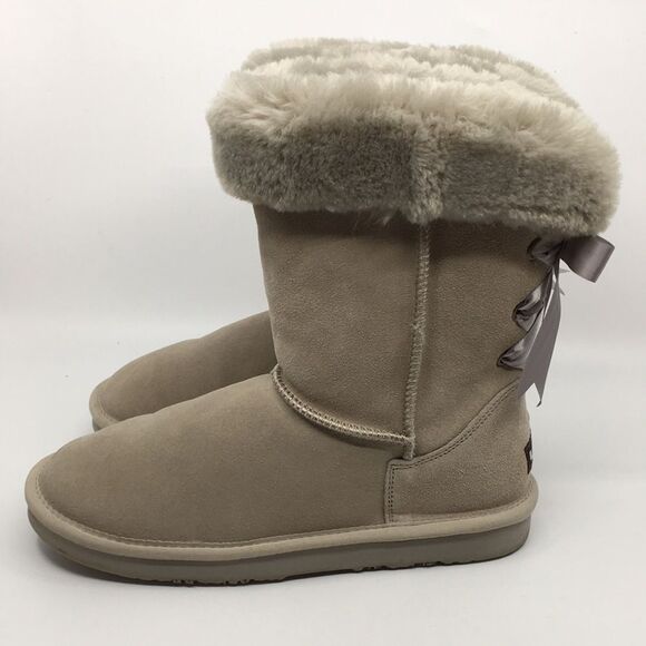 Lamo Audrey Suede and faux fur lined Boots in Dove Gray & Tan Sz 9 ribbon detail - Picture 3 of 16